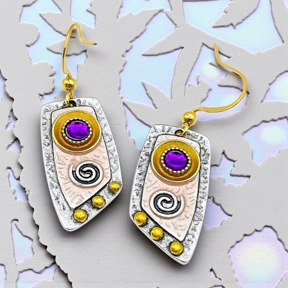 🆕️Bohemian Glam - Purple Gem & Spirals Dangle Trendy Fashion Earrings 🌈🌟 - Picture 7 of 12